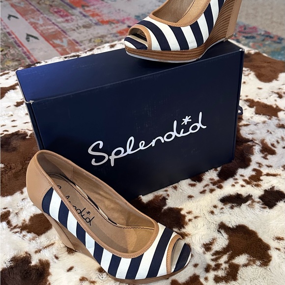 Splendid Shoes - Splendid Navy and White Striped Peep-Toe Wedges with Tan Trim